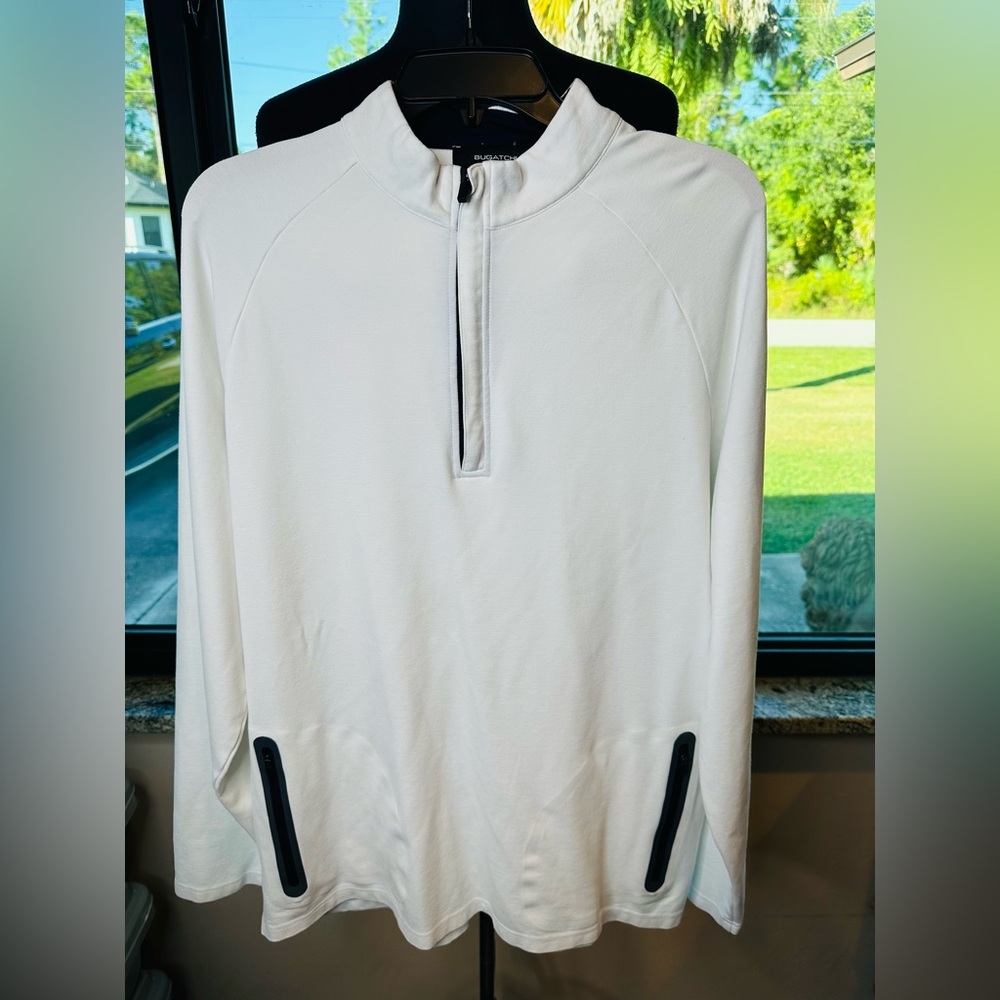 Bugatchi Men’s White Quarter-Zip Pullover with Black Accents Size XL